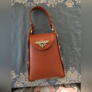 Brown Leather Handbag with Gold Bee Accent